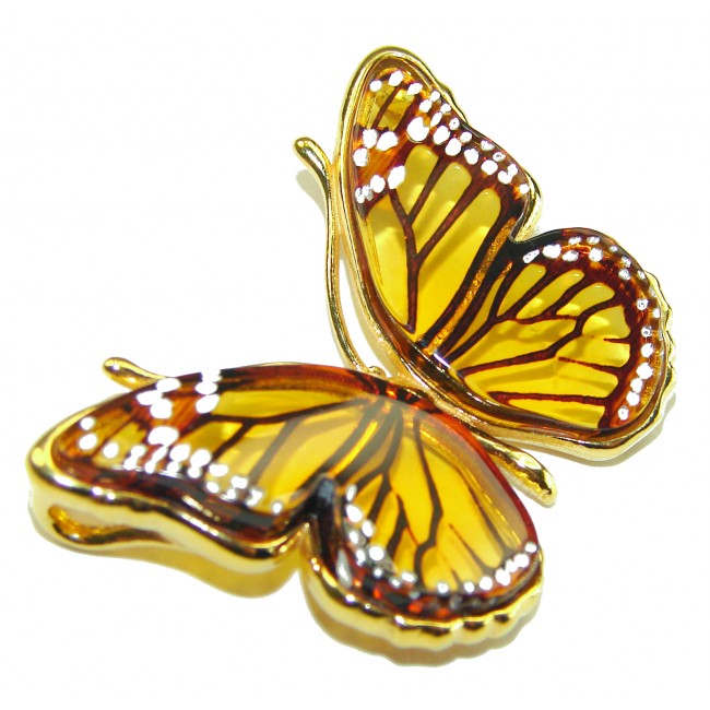 Golden Butterfly Baltic Polish Amber 18K Gold over .925 Sterling Silver handcrafted Pendant / Brooch - photo 1