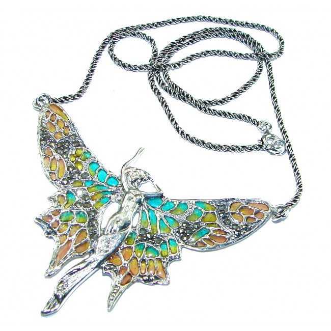 Awesome Flying Fairy Natural Enamel .925 Silver handcrafted Necklace