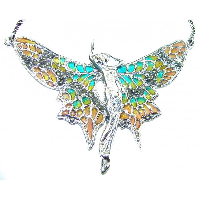 Awesome Flying Fairy Natural Enamel .925 Silver handcrafted Necklace