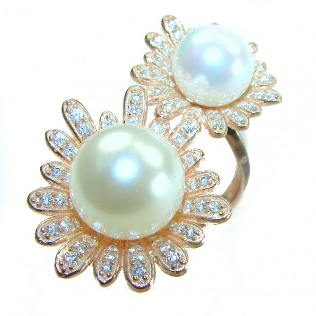 Floral design White Pearls White Sapphire 14K Gold over .925 Sterling Silver brilliantly handcrafted Statement ring s. 8 1/2