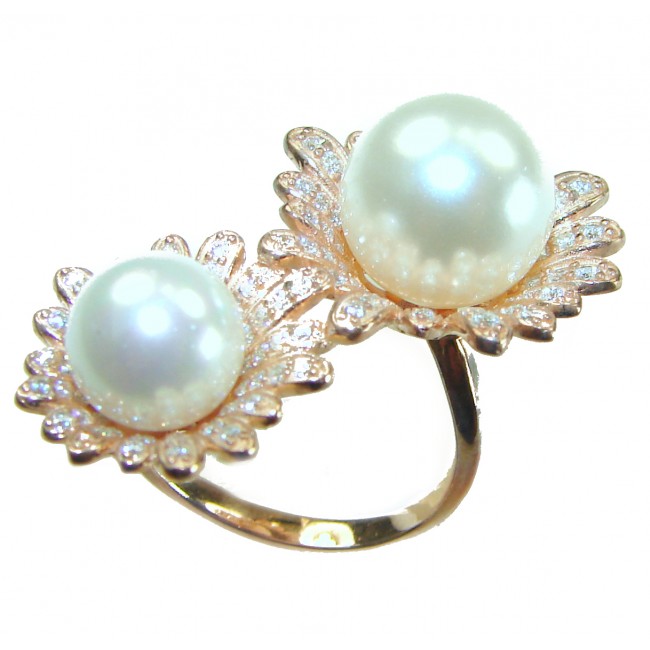 Floral design White Pearls White Sapphire 14K Gold over .925 Sterling Silver brilliantly handcrafted Statement ring s. 8 1/2