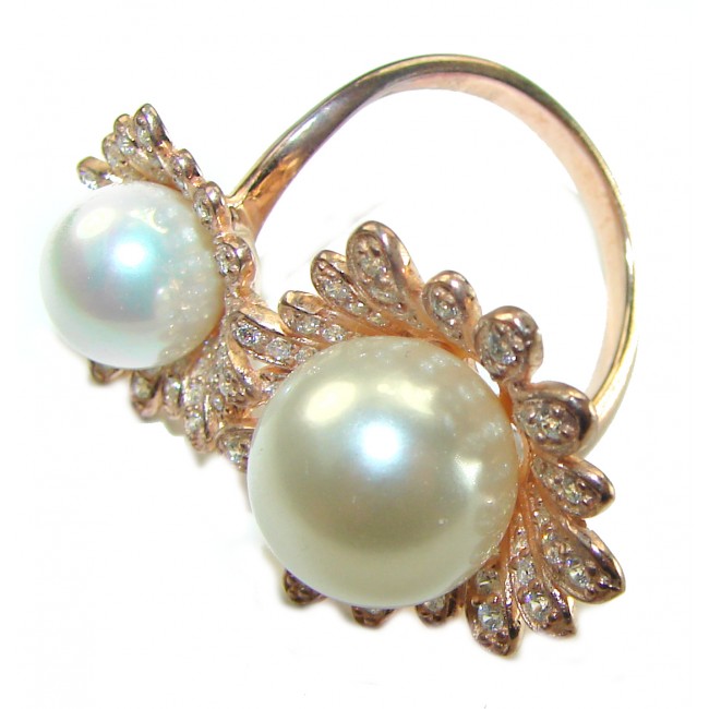 Floral design White Pearls White Sapphire 14K Gold over .925 Sterling Silver brilliantly handcrafted Statement ring s. 8 1/2