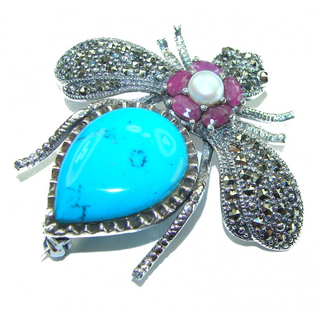 Blue Bee genuine INLAY Turquoise Marcasite .925 Sterling Silver handmade Pendant - Brooch