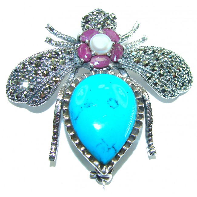 Blue Bee genuine INLAY Turquoise Marcasite .925 Sterling Silver handmade Pendant - Brooch