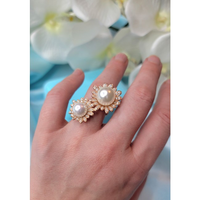 Floral design White Pearls White Sapphire 14K Gold over .925 Sterling Silver brilliantly handcrafted Statement ring s. 8 1/2