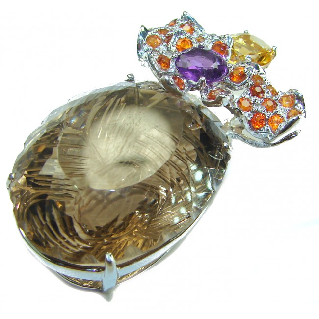 Rio de Janeiro Authentic 45.5 carat carved Brazilian Smoky Topaz Garnet .925 Sterling Silver handmade Statement Pendant - photo 2