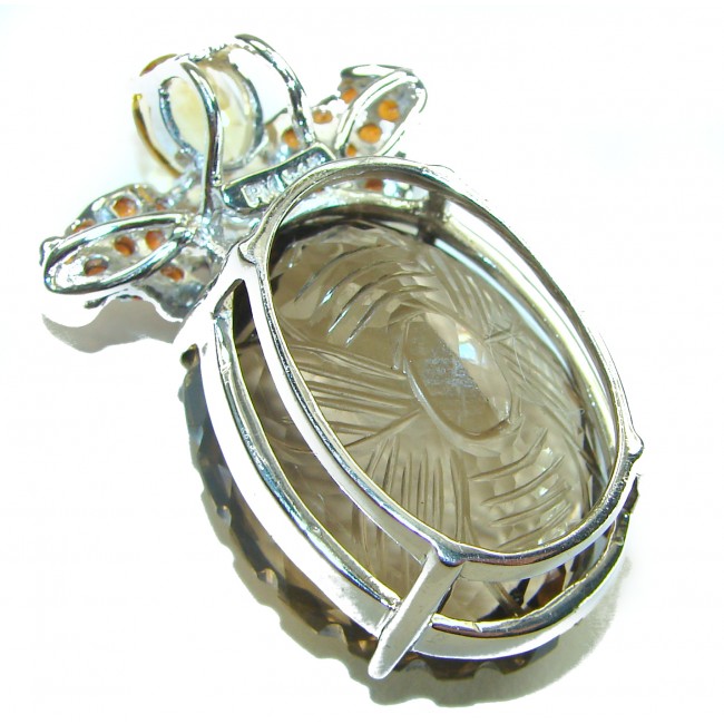 Rio de Janeiro Authentic 45.5 carat carved Brazilian Smoky Topaz Garnet .925 Sterling Silver handmade Statement Pendant - photo 1