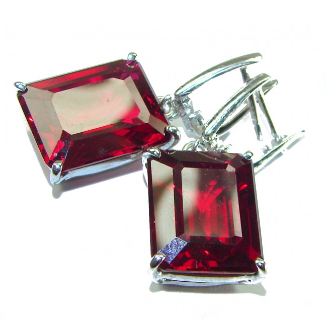 Blooming Rose baguette cut 26.5 carat Red Topaz .925 Sterling Silver handmade Statement earrings