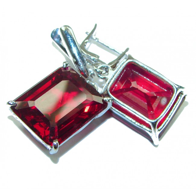 Blooming Rose baguette cut 26.5 carat Red Topaz .925 Sterling Silver handmade Statement earrings