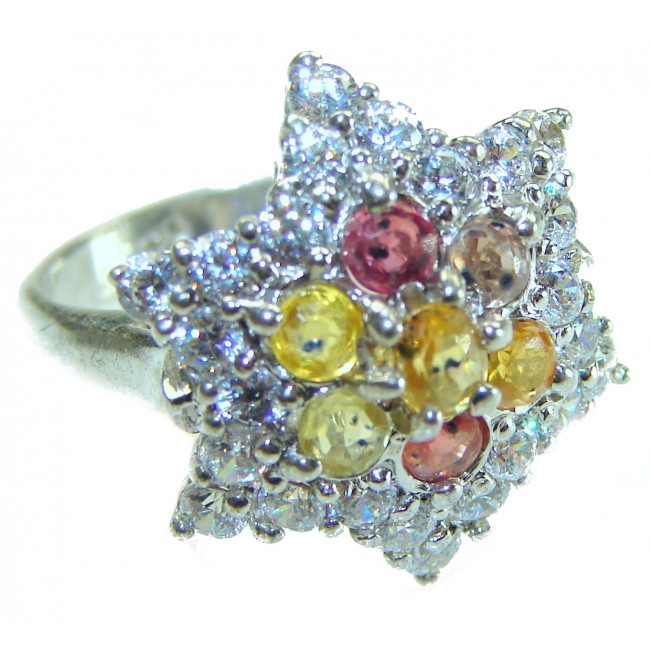 Summer Dream 8.5 multicolor Sapphire .925 Sterling Silver handcrafted ring size 6 1/4 - Star-shaped ring with multicolor sapphires, side view close-up.
