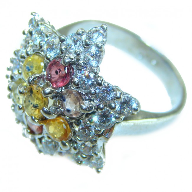 Summer Dream 8.5 multicolor Sapphire .925 Sterling Silver handcrafted ring size 6 1/4 - Side view of multicolor sapphire and sterling silver ring.