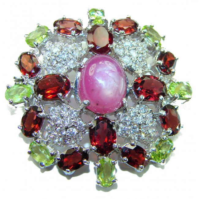Excellent quality 5.2 carat Genuine Star Ruby .925 Sterling Silver handmade Pendant - Brooch - Top view of ornate star ruby and gemstone sterling silver brooch.