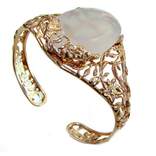 Incredible Genuine 52.2 carat Brazilian Rose Quartz Rose Quartz .925 Sterling Silver handcrafted Bracelet / Cuff - Side view of filigree bracelet with 52.2 carat rose quartz stone.