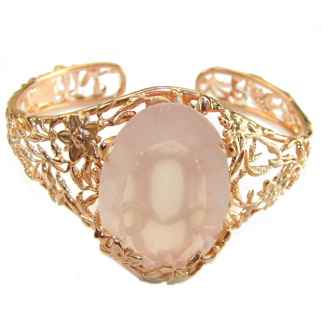 Incredible Genuine 52.2 carat Brazilian Rose Quartz Rose Quartz .925 Sterling Silver handcrafted Bracelet / Cuff - Rose quartz bracelet with floral filigree, front view.