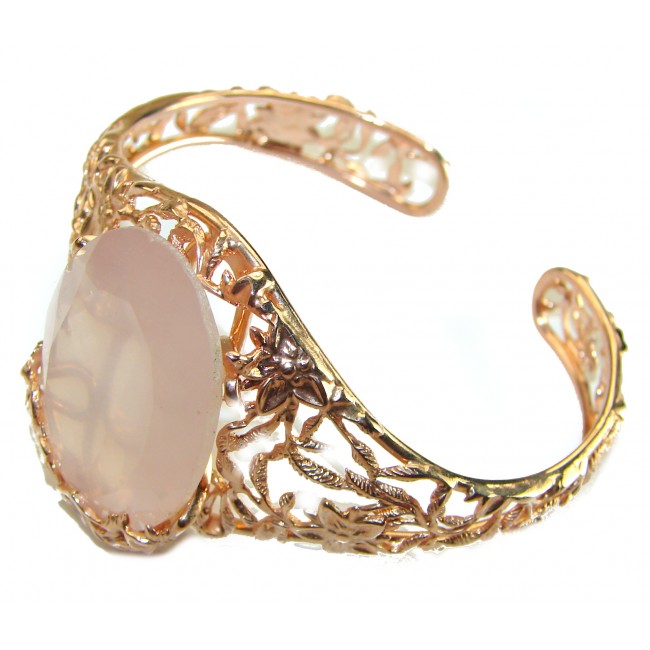 Incredible Genuine 52.2 carat Brazilian Rose Quartz Rose Quartz .925 Sterling Silver handcrafted Bracelet / Cuff - Ornate rose quartz bracelet, side view, floral design, 52.2 carat.