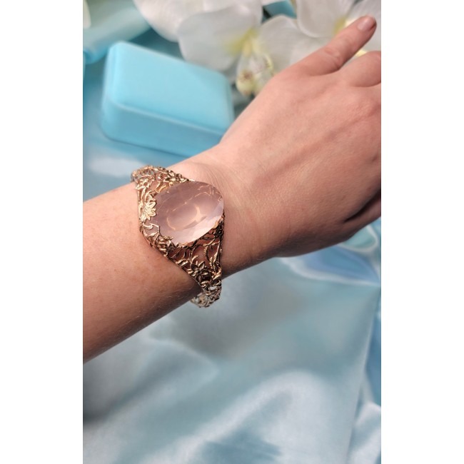 Incredible Genuine 52.2 carat Brazilian Rose Quartz Rose Quartz .925 Sterling Silver handcrafted Bracelet / Cuff - Rose Quartz bracelet worn on wrist, intricate gold floral design.