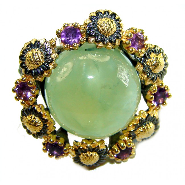 Marvelous Natural Moss Prehnite 2 tones .925 Sterling Silver handmade ring s. 7 1/2