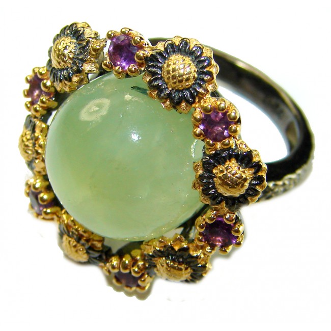 Marvelous Natural Moss Prehnite 2 tones .925 Sterling Silver handmade ring s. 7 1/2