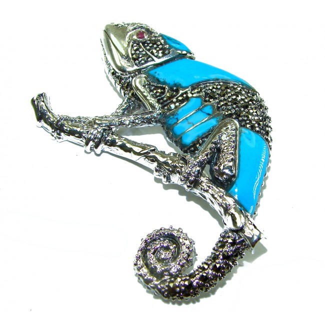 Spectacular Big Chameleon Lizard inlay Turquoise .925 Sterling Silver handmade Brooch