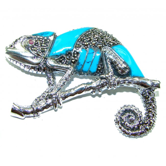 Spectacular Big Chameleon Lizard inlay Turquoise .925 Sterling Silver handmade Brooch