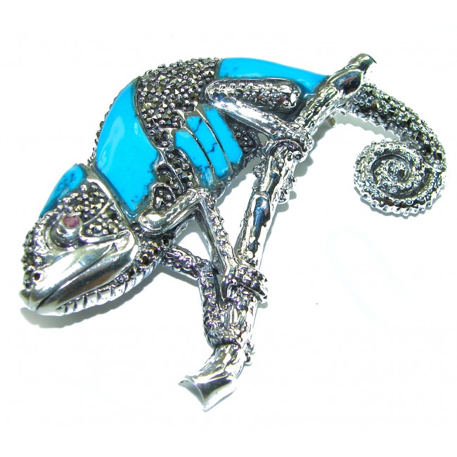 Spectacular Big Chameleon Lizard inlay Turquoise .925 Sterling Silver handmade Brooch