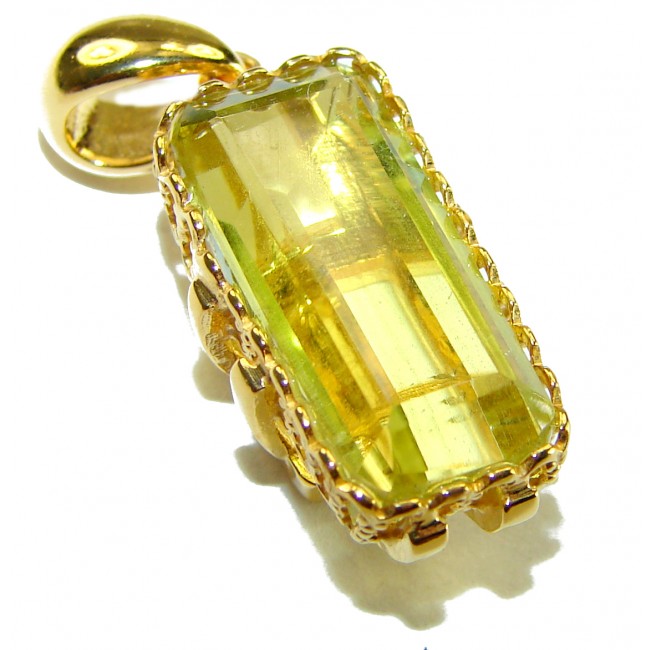 Emerald cut 15.3 carat Lemon Quartz 18K Gold over .925 Sterling Silver handcrafted pendant
