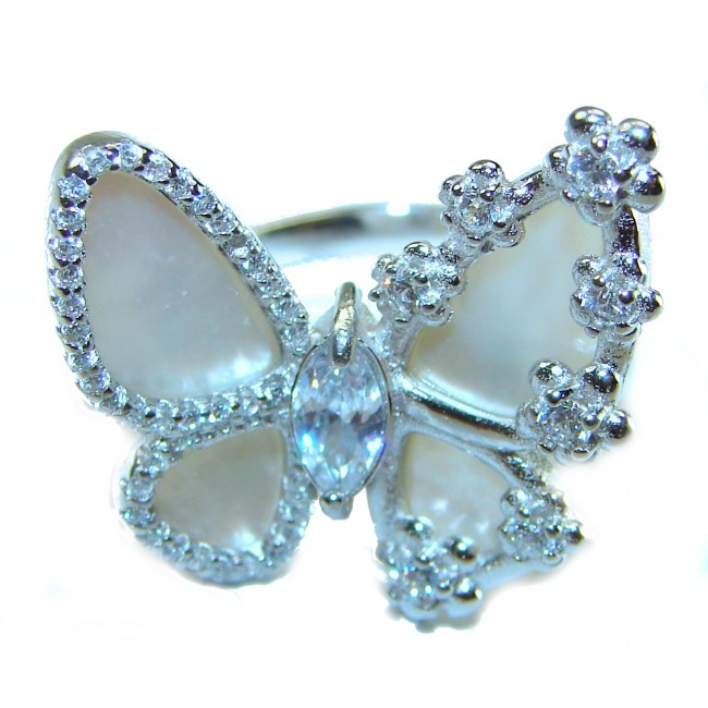 White Butterfly Blister Pearl .925 Sterling Silver brilliantly handcrafted ring s. 6 1/4 - Butterfly ring with pearls and gems, close-up view.