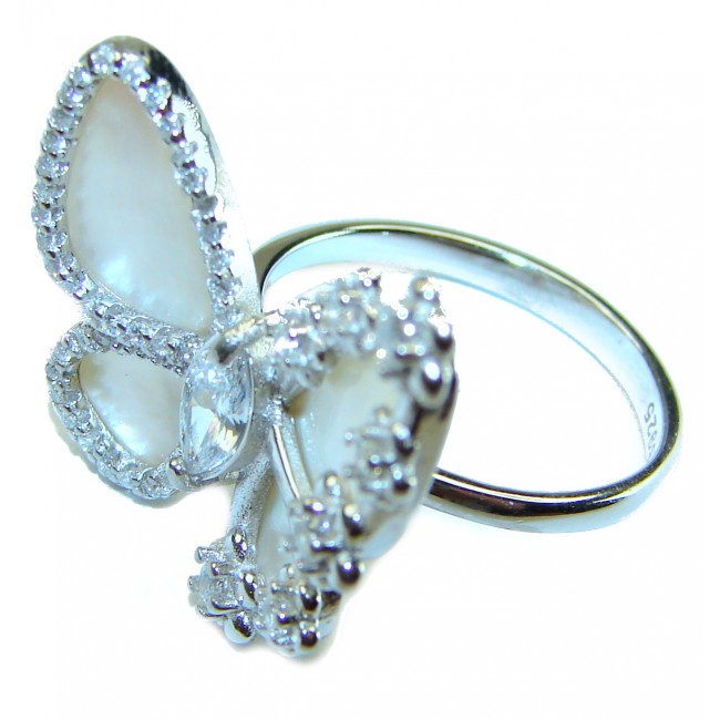 White Butterfly Blister Pearl .925 Sterling Silver brilliantly handcrafted ring s. 6 1/4 - Butterfly ring with pearls and crystals, top view close-up.
