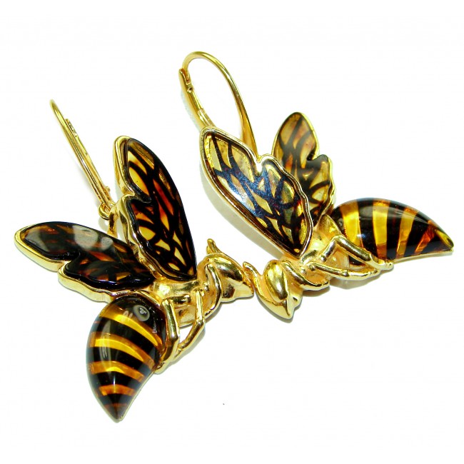 Special product! Wonderful Bees Baltic Amber 14K Gold over .925 Sterling Silver entirely handcrafted earrings
