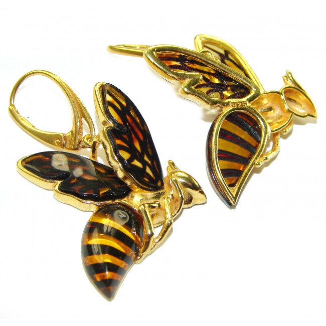 Special product! Wonderful Bees Baltic Amber 14K Gold over .925 Sterling Silver entirely handcrafted earrings