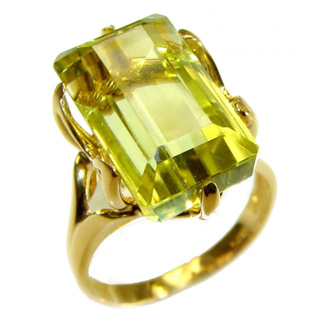 11.8 carat Genuine oval cut Lemon Quartz 14K Gold over .925 Sterling Silver handcrafted ring size 7 1/4 - Lemon quartz ring in side view with gold over .925 silver setting.