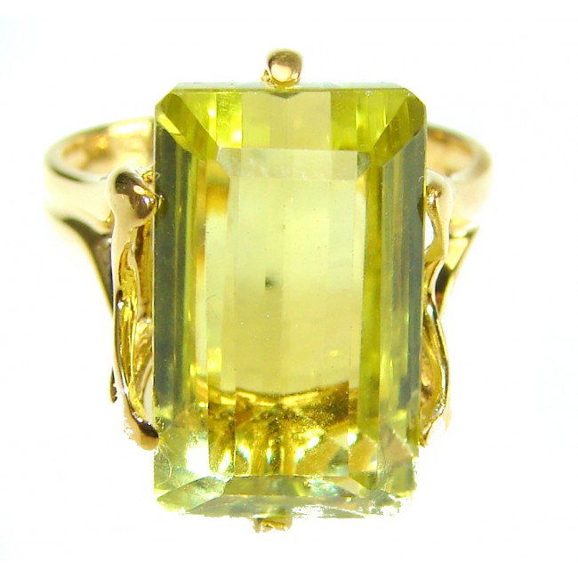 11.8 carat Genuine oval cut Lemon Quartz 14K Gold over .925 Sterling Silver handcrafted ring size 7 1/4 - Close-up of 11.8 carat lemon quartz ring in gold setting.