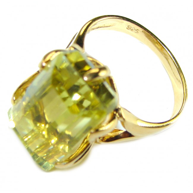 11.8 carat Genuine oval cut Lemon Quartz 14K Gold over .925 Sterling Silver handcrafted ring size 7 1/4 - Close-up of 11.8 ct lemon quartz ring in 14K gold over .925 silver.