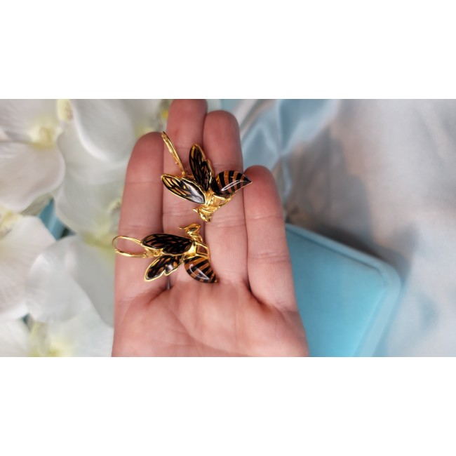 Special product! Wonderful Bees Baltic Amber 14K Gold over .925 Sterling Silver entirely handcrafted earrings
