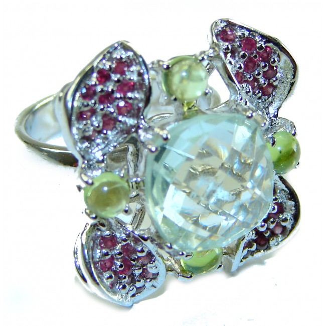 Authentic 5.8 carat Green Amethyst .925 Sterling Silver handmade Ring s. 7 1/2 - Close-up of sterling silver ring with green amethyst and gemstone accents.