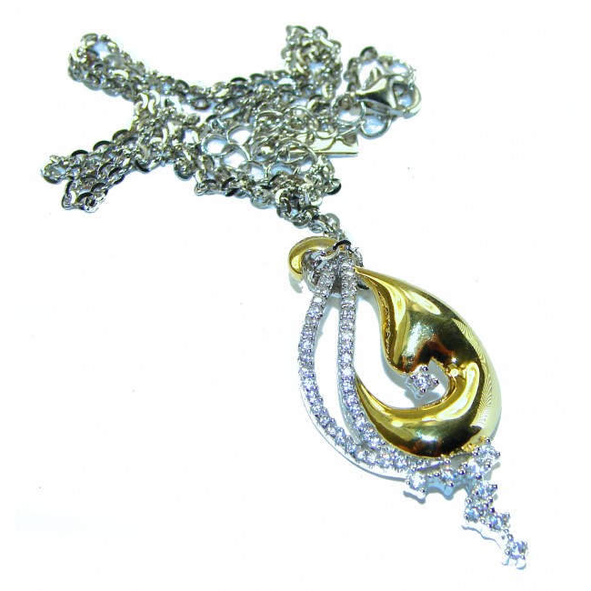 Elegance 4.2 carat White Topaz 14K Gold over .925 Sterling Silver handcrafted necklace - Gold and silver pendant on chain, front view with white topaz detail