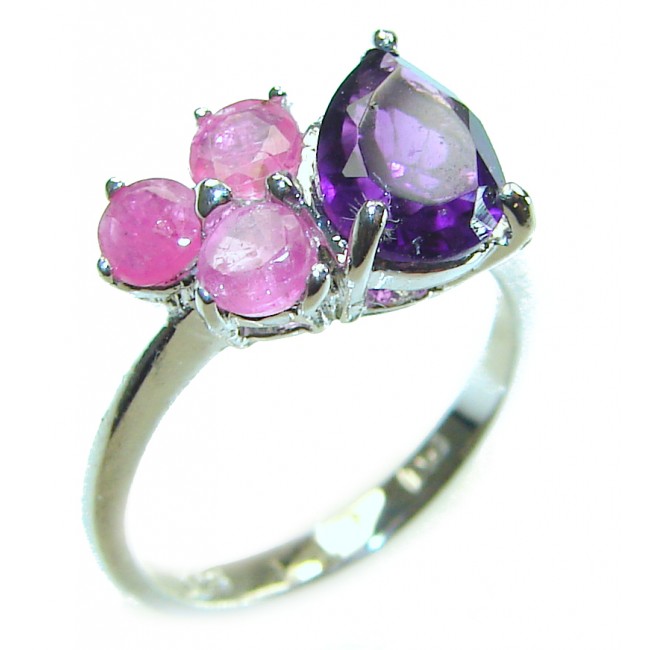 4.2 carat Amethyst .925 Sterling Silver Handcrafted Ring size 5 - Side view of amethyst and pink stones on sterling silver ring.