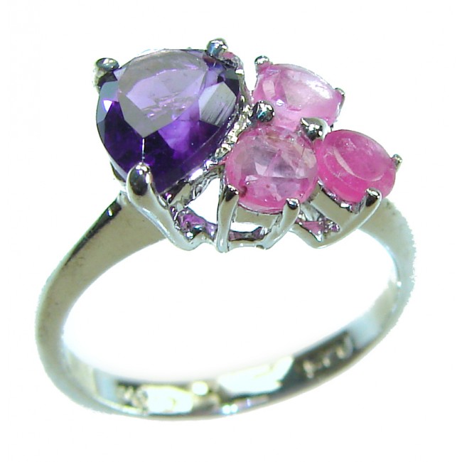 4.2 carat Amethyst .925 Sterling Silver Handcrafted Ring size 5 - Amethyst ring, side view showing purple and pink stones, sterling silver band.