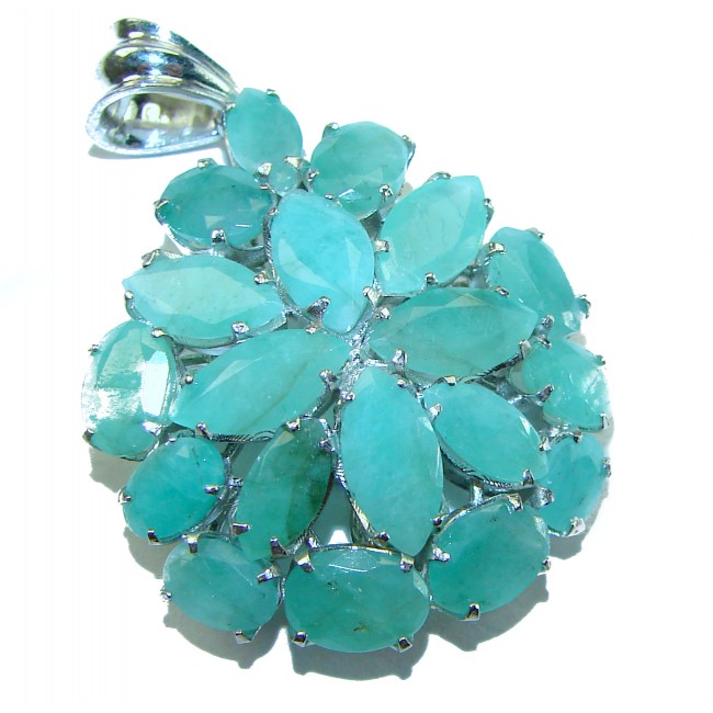 Spectacular 18.8 carat authentic Colombian Emerald .925 Sterling Silver handcrafted Pendant - Close-up of spectacular 18.8 carat Colombian emerald pendant.