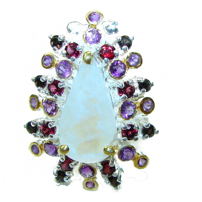 Moonlight Authentic 14.2 carat Fire Moonstone 18k Gold over .925 Sterling Silver handmade Satement ring s. 8