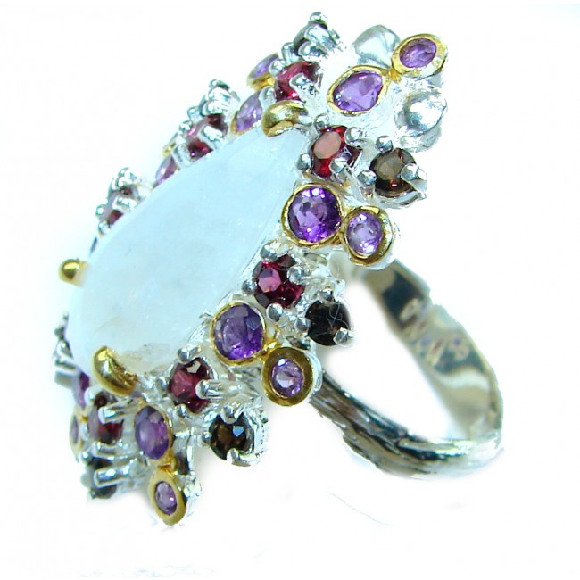 Moonlight Authentic 14.2 carat Fire Moonstone 18k Gold over .925 Sterling Silver handmade Satement ring s. 8