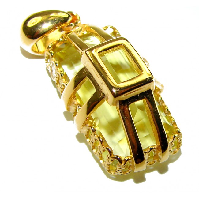 Emerald cut 15.3 carat Lemon Quartz 18K Gold over .925 Sterling Silver handcrafted pendant - Close-up of lemon quartz pendant in 18K gold setting.