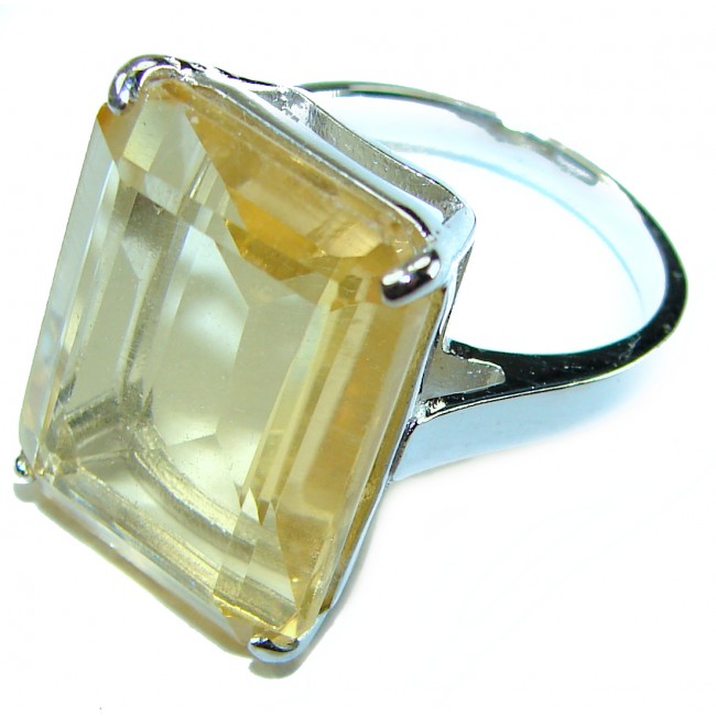 Solid 18.8 carat Genuine Lemon Quartz .925 Sterling Silver handcrafted ring size 8 3/4 - Close-up of lemon quartz ring in .925 sterling silver, angled view.