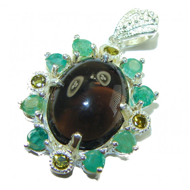 Smoky Topaz Brazilian 8.5 carat Smoky Topaz 2 tones .925 Sterling Silver handmade Pendant - Close-up of Smoky Topaz pendant with emerald-like accents.