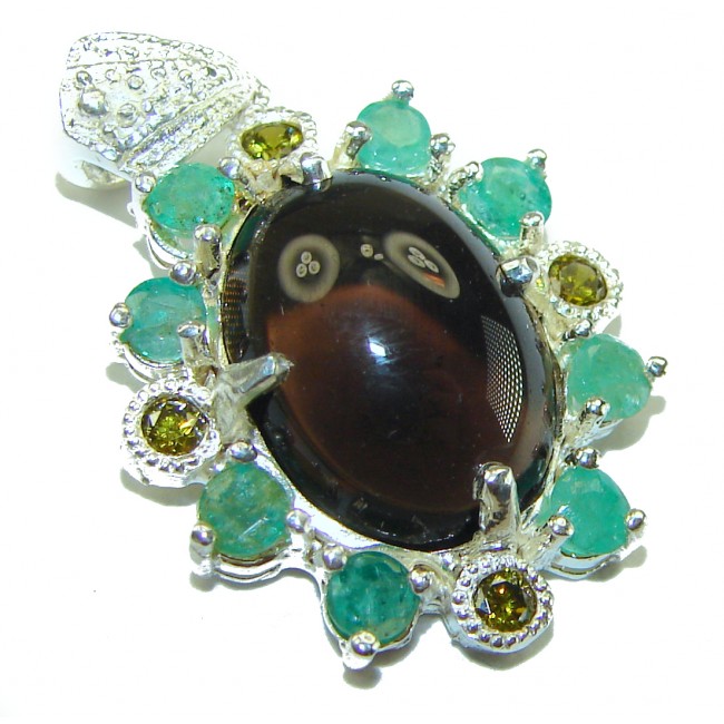 Smoky Topaz Brazilian 8.5 carat Smoky Topaz 2 tones .925 Sterling Silver handmade Pendant - Smoky Topaz pendant close-up with emerald and yellow stones.
