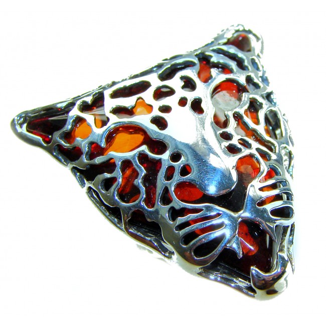Precious Cheetah Baltic Amber .925 Sterling Silver handmade Large ring size 8 adjustable - Cheetah amber pendant close-up in .925 sterling silver, front view.
