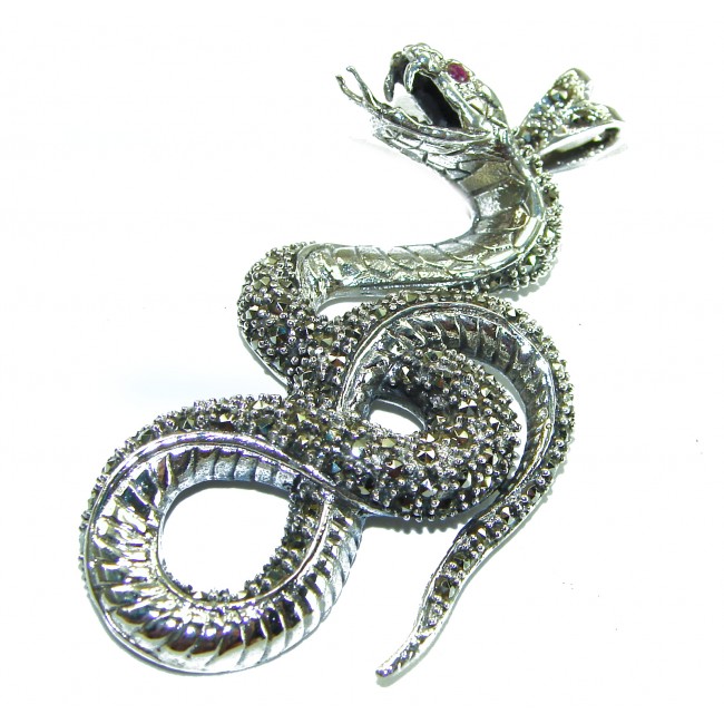 Large 2 5/8 inches long Cobra Snake genuine Marcasite .925 Sterling Silver handmade Pendant