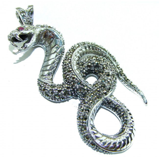Large 2 5/8 inches long Cobra Snake genuine Marcasite .925 Sterling Silver handmade Pendant