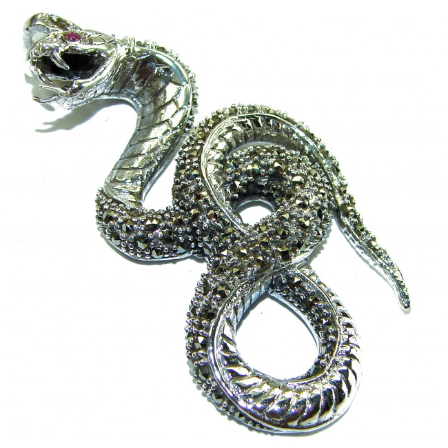 Large 2 5/8 inches long Cobra Snake genuine Marcasite .925 Sterling Silver handmade Pendant