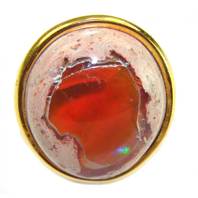 Inner Fire best quality 15.4 carat Mexican Opal 18K Gold over .925 Sterling Silver handmade ring 6 - Close-up of 15.4 carat Mexican Opal in 18K gold setting.
